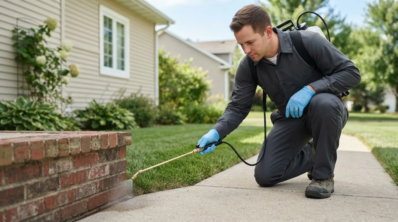 Pest control technician treating a home near Canton, OH